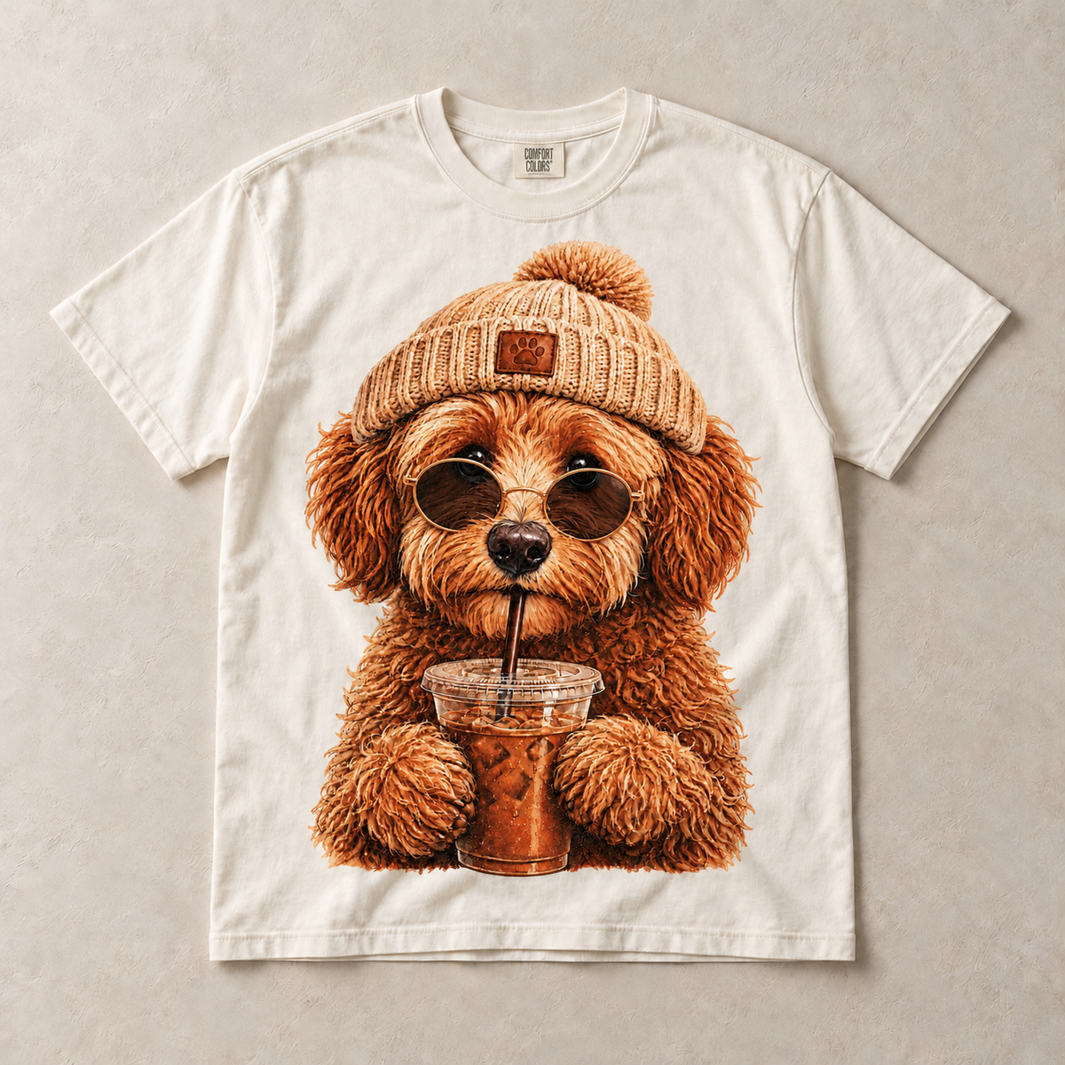 Ivory Comfort Colors short-sleeve T-shirt with Doodle Iced Coffee graphic, front flat lay