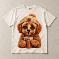 Ivory Comfort Colors short-sleeve T-shirt with Doodle Iced Coffee graphic, front flat lay
