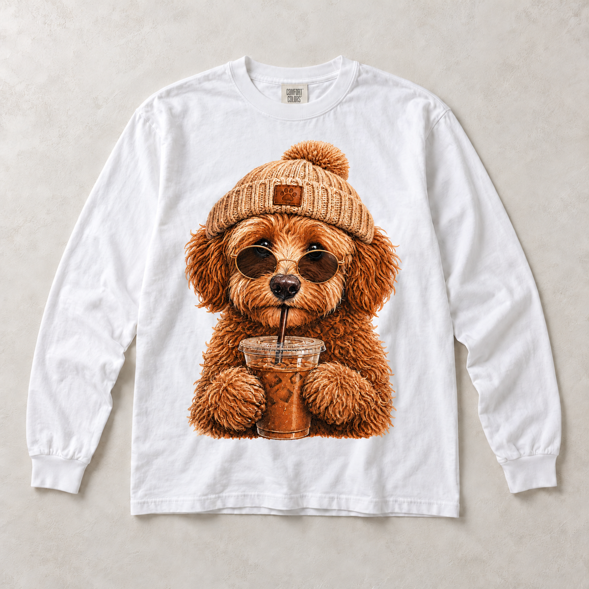 White Comfort Colors long-sleeve T-shirt with Doodle Iced Coffee graphic, front flat lay
