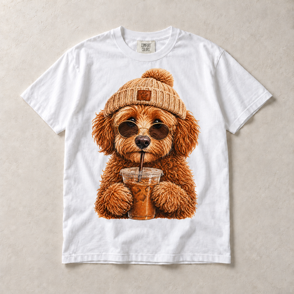 White Comfort Colors short-sleeve T-shirt with Doodle Iced Coffee graphic, front flat lay