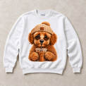White Gildan crewneck sweatshirt with Doodle Iced Coffee graphic, front flat lay