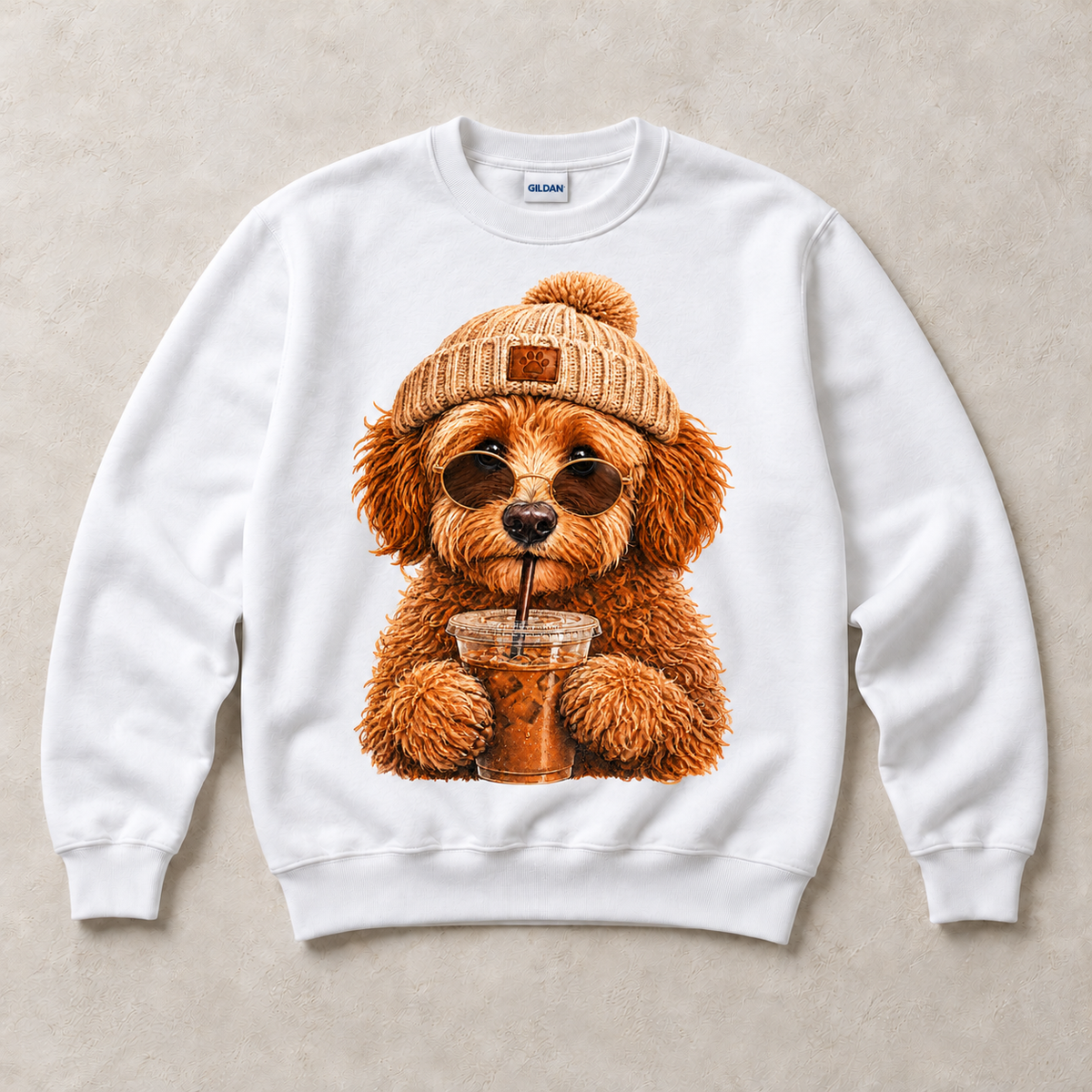 White Gildan crewneck sweatshirt with Doodle Iced Coffee graphic, front flat lay