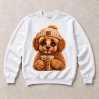 White Gildan crewneck sweatshirt with Doodle Iced Coffee graphic, front flat lay