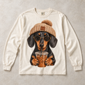 Ivory Comfort Colors long-sleeve T-shirt with Dachshund Iced Coffee graphic, front flat lay