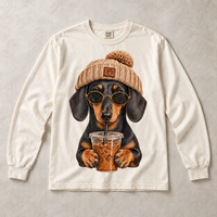 Ivory Comfort Colors long-sleeve T-shirt with Dachshund Iced Coffee graphic, front flat lay