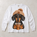White Comfort Colors long-sleeve T-shirt with Dachshund Iced Coffee graphic, front flat lay
