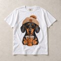 White Comfort Colors short-sleeve T-shirt with Dachshund Iced Coffee graphic, front flat lay