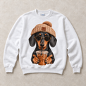 White Gildan crewneck sweatshirt with Dachshund Iced Coffee graphic, front flat lay