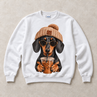 White Gildan crewneck sweatshirt with Dachshund Iced Coffee graphic, front flat lay