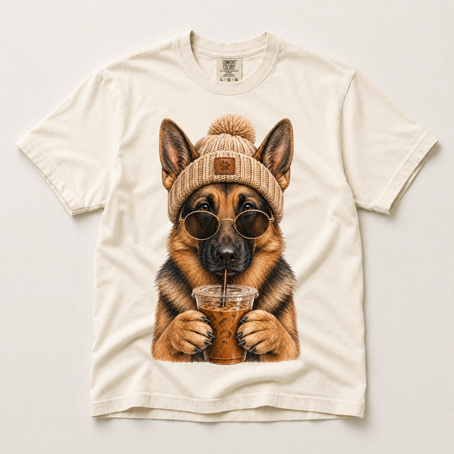 German Shepherd Iced Coffee, Funny Dog Mom Comfort Colors graphic T-shirt by Madi Moosh