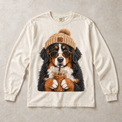 Ivory Comfort Colors long-sleeve T-shirt with Bernese Mountain Dog Iced Coffee graphic, front flat lay