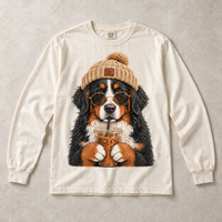 Ivory Comfort Colors long-sleeve T-shirt with Bernese Mountain Dog Iced Coffee graphic, front flat lay