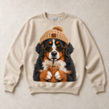 Sand Gildan crewneck sweatshirt with Bernese Mountain Dog Iced Coffee graphic, front flat lay