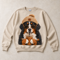 Sand Gildan crewneck sweatshirt with Bernese Mountain Dog Iced Coffee graphic, front flat lay