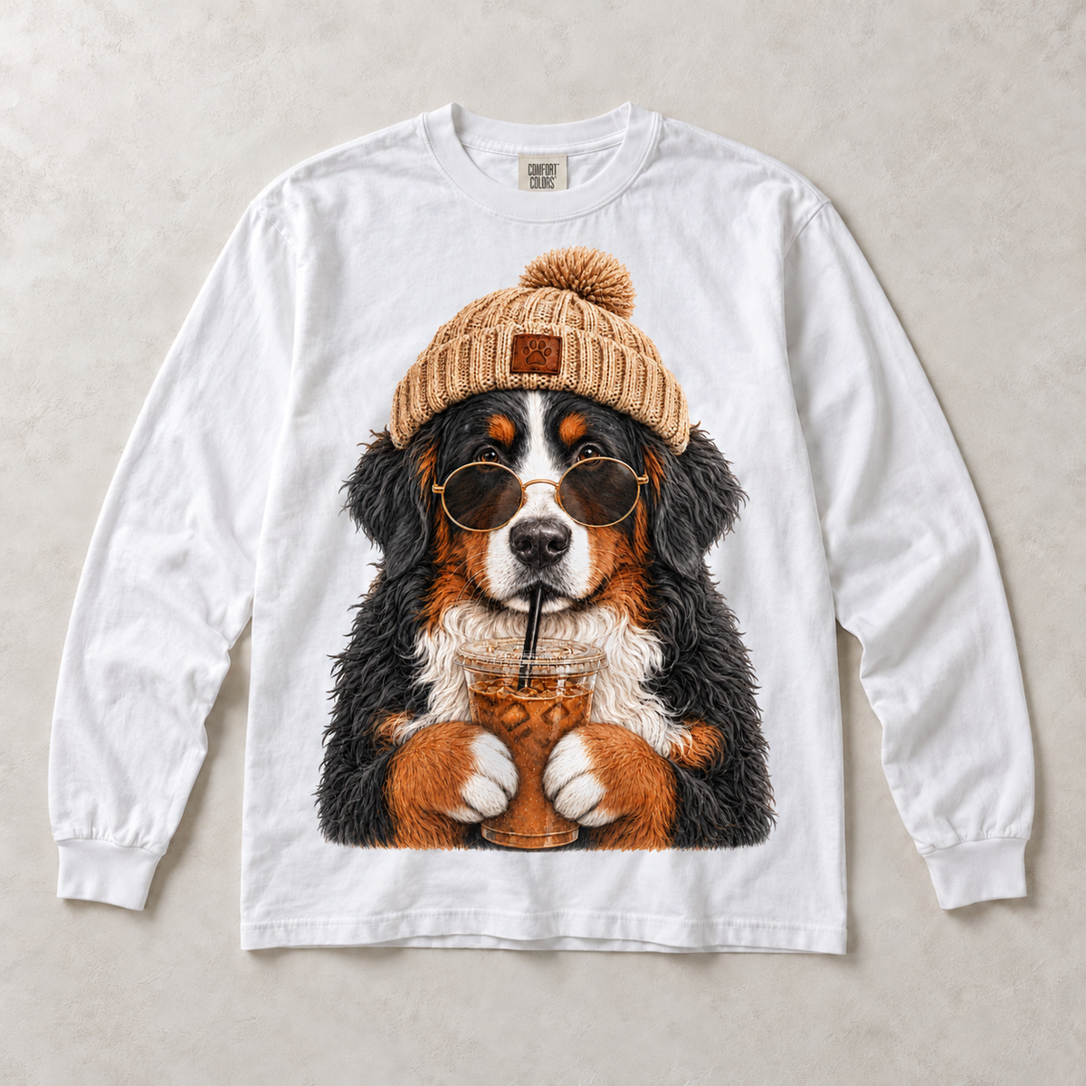 White Comfort Colors long-sleeve T-shirt with Bernese Mountain Dog Iced Coffee graphic, front flat lay