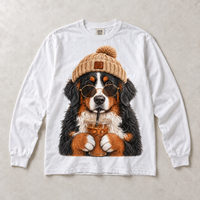 White Comfort Colors long-sleeve T-shirt with Bernese Mountain Dog Iced Coffee graphic, front flat lay