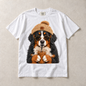 White Comfort Colors short-sleeve T-shirt with Bernese Mountain Dog Iced Coffee graphic, front flat lay