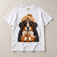 White Comfort Colors short-sleeve T-shirt with Bernese Mountain Dog Iced Coffee graphic, front flat lay