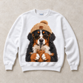 White Gildan crewneck sweatshirt with Bernese Mountain Dog Iced Coffee graphic, front flat lay