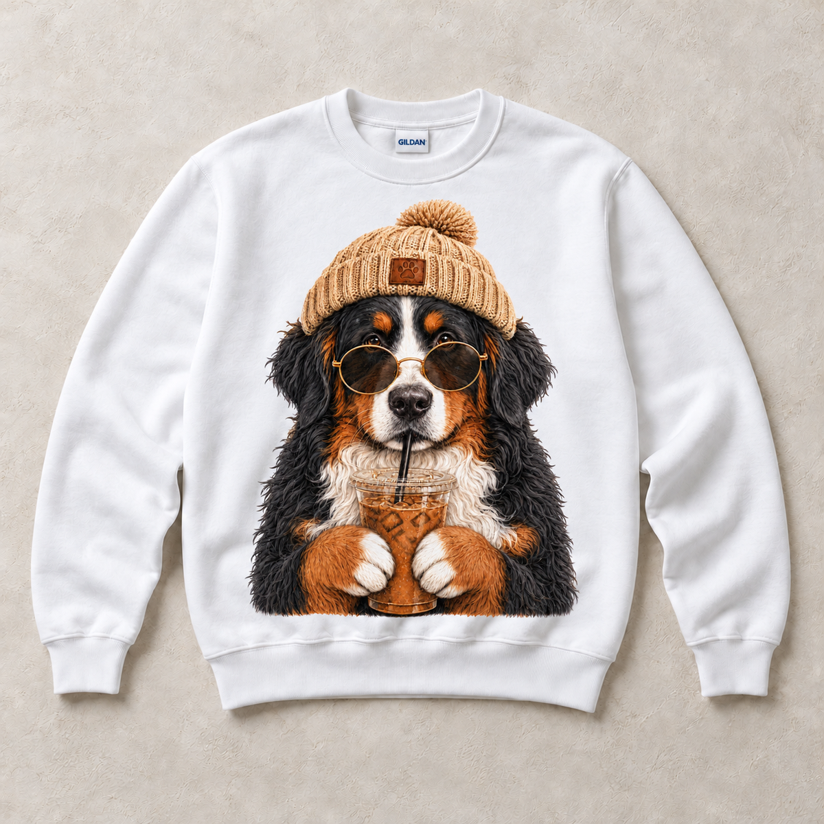 White Gildan crewneck sweatshirt with Bernese Mountain Dog Iced Coffee graphic, front flat lay
