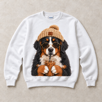 White Gildan crewneck sweatshirt with Bernese Mountain Dog Iced Coffee graphic, front flat lay