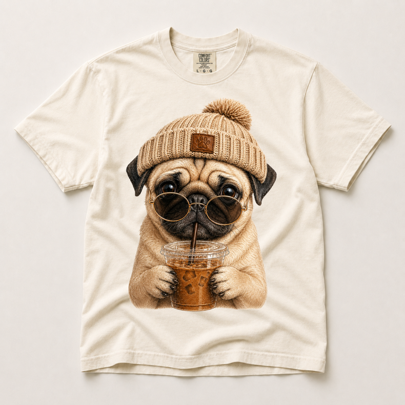 Pug Iced Coffee Shirt, Funny Pug Dog Mom Tee, Comfort Colors