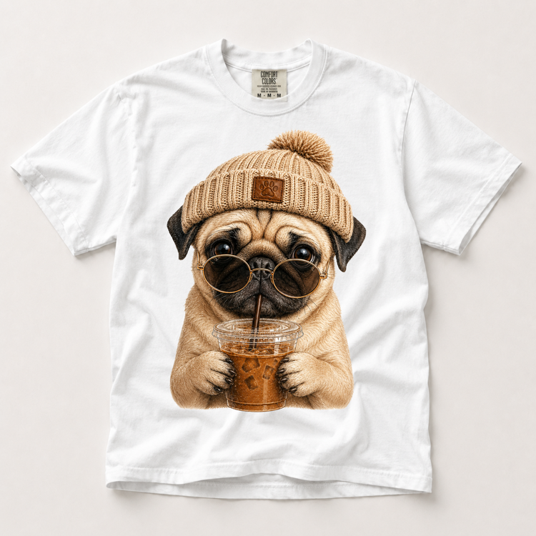 Pug Iced Coffee Shirt, Funny Pug Dog Mom Tee, Comfort Colors