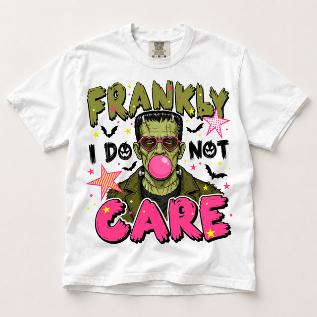 Frankly I Do Not Care, Funny Frankenstein Halloween Comfort Colors graphic T-shirt by Madi Moosh