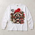 White Comfort Colors long-sleeve T-shirt with Christmas Raccoon Coffee graphic, front flat lay