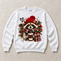 White Gildan crewneck sweatshirt with Christmas Raccoon Coffee graphic, front flat lay
