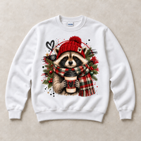 White Gildan crewneck sweatshirt with Christmas Raccoon Coffee graphic, front flat lay
