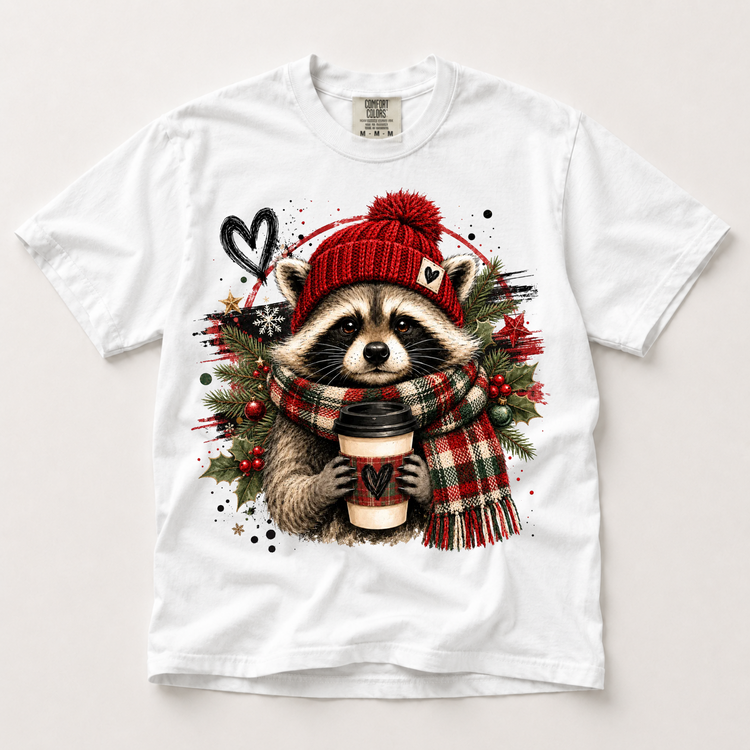 Christmas Raccoon Shirt, Cute Winter Animal Tee, Coffee Lover Comfort Colors T-Shirt