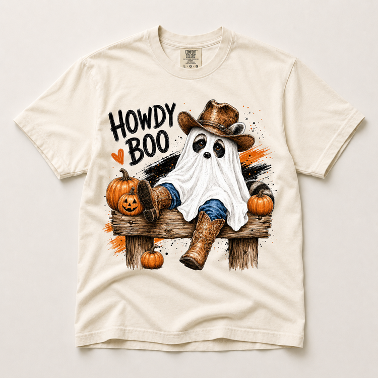 Howdy Boo Raccoon Shirt, Western Halloween Tee, Cowboy Ghost Comfort Colors T-Shirt, Spooky Season
