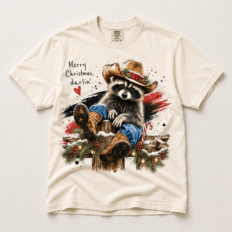 Merry Christmas Darlin Shirt, Western Raccoon Holiday Tee, Comfort Colors T-Shirt
