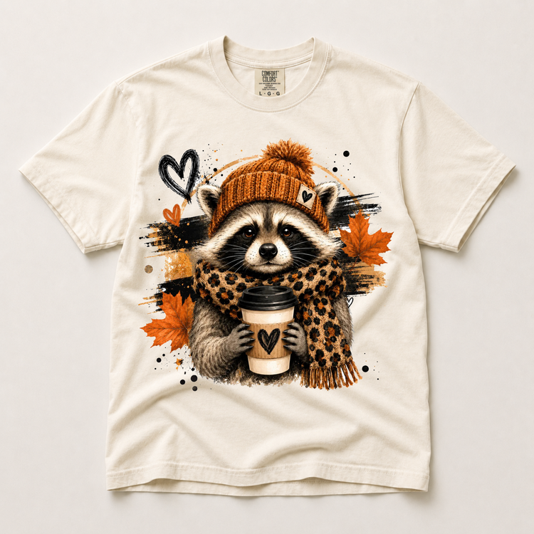 Fall Raccoon Shirt, Autumn Animal Tee, Coffee Lover Comfort Colors T-Shirt