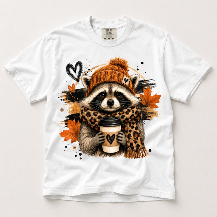 Fall Raccoon Shirt, Autumn Animal Tee, Coffee Lover Comfort Colors T-Shirt