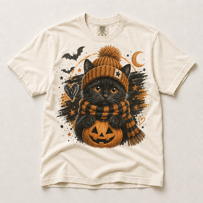 Cozy black cat pumpkin Halloween shirt in ivory