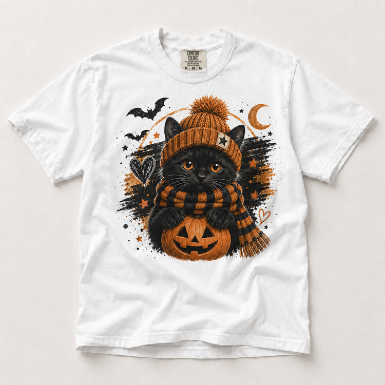 Cozy black cat pumpkin Halloween shirt in white