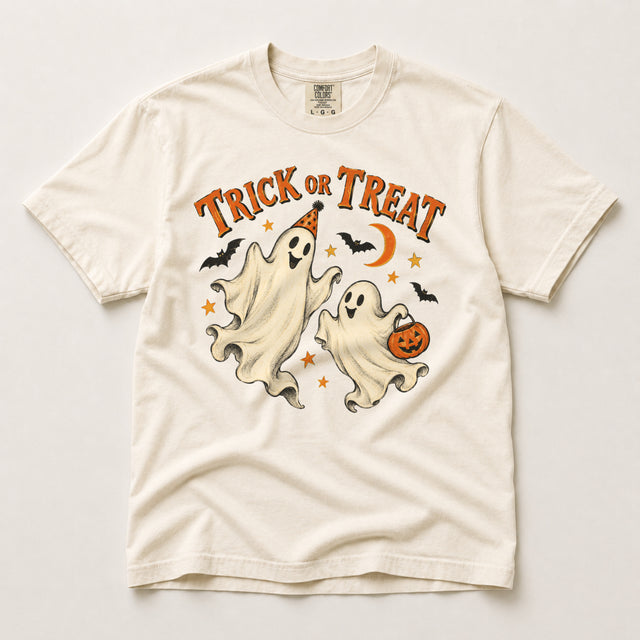 Ivory Comfort Colors Trick or Treat Halloween shirt with two vintage-style ghosts, orange lettering, bats, stars and a pumpkin candy bucket