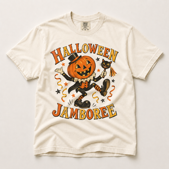 Ivory Comfort Colors Halloween Jamboree shirt with a dancing jack-o-lantern, black cat wand, orange and gold lettering, and vintage party details