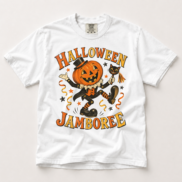 White Comfort Colors Halloween Jamboree shirt featuring a smiling pumpkin character in a top hat, black cat wand, stars, and orange and gold lettering