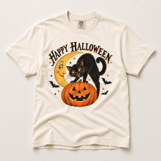 Ivory Comfort Colors Happy Halloween T-shirt with a vintage black cat, orange jack-o-lantern, yellow crescent moon, bats and stars