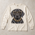 Ivory Comfort Colors long-sleeve T-shirt with Black Labrador Leopard Glasses graphic, front flat lay