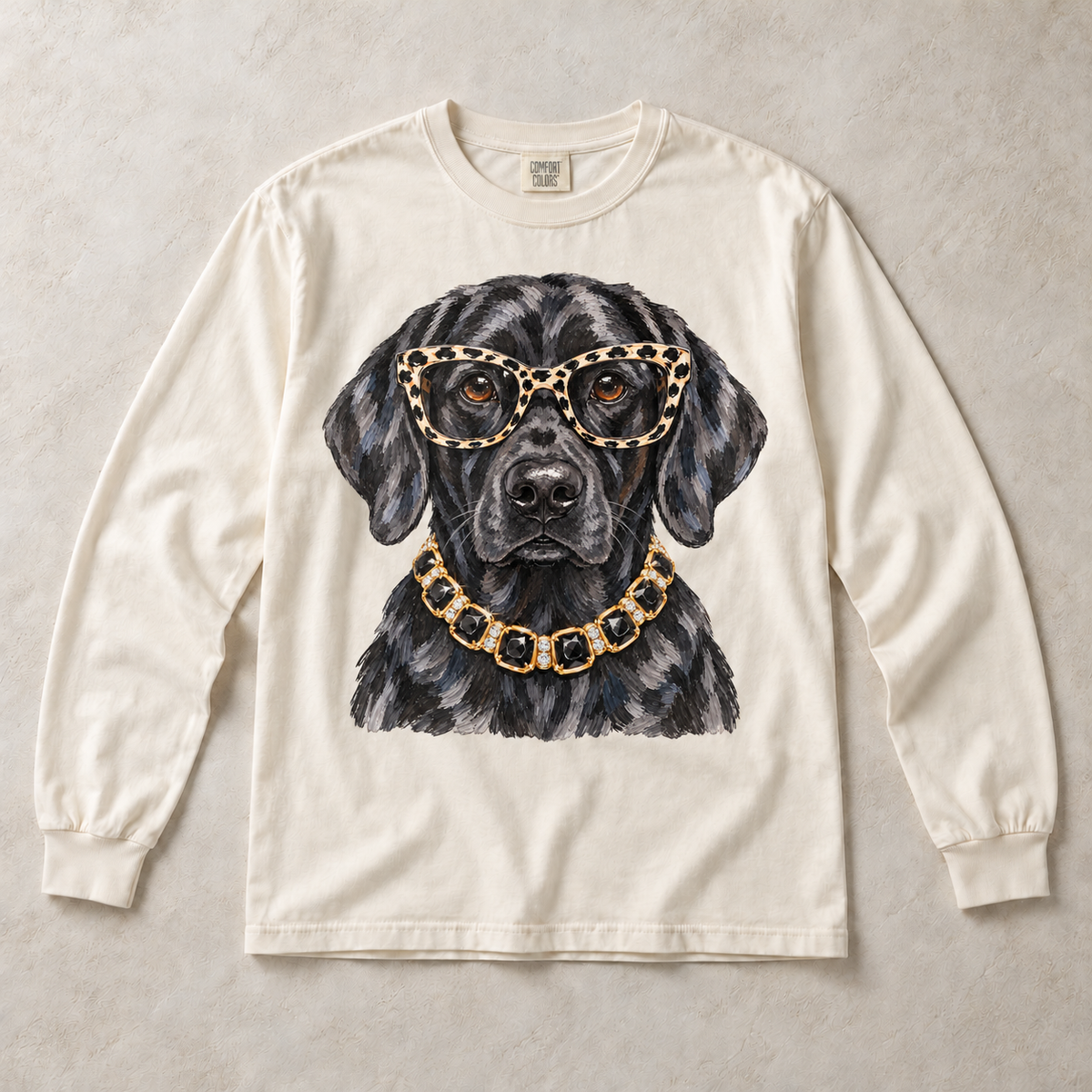 Ivory Comfort Colors long-sleeve T-shirt with Black Labrador Leopard Glasses graphic, front flat lay