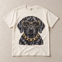 Ivory Comfort Colors short-sleeve T-shirt with Black Labrador Leopard Glasses graphic, front flat lay