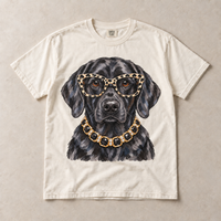 Ivory Comfort Colors short-sleeve T-shirt with Black Labrador Leopard Glasses graphic, front flat lay