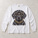 White Comfort Colors long-sleeve T-shirt with Black Labrador Leopard Glasses graphic, front flat lay