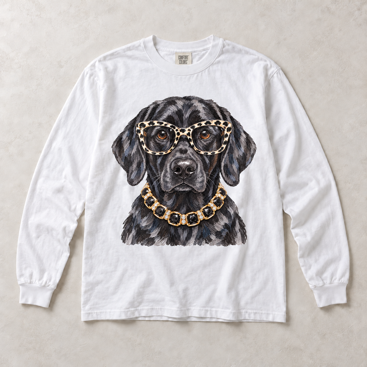 White Comfort Colors long-sleeve T-shirt with Black Labrador Leopard Glasses graphic, front flat lay