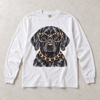 White Comfort Colors long-sleeve T-shirt with Black Labrador Leopard Glasses graphic, front flat lay