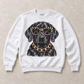 White Gildan crewneck sweatshirt with Black Labrador Leopard Glasses graphic, front flat lay